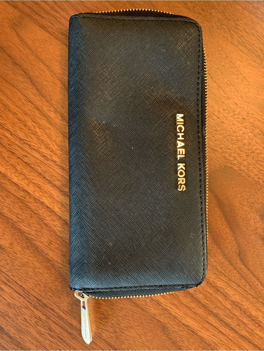 Michael Kors Black Wallet with Gold Logo and Zip